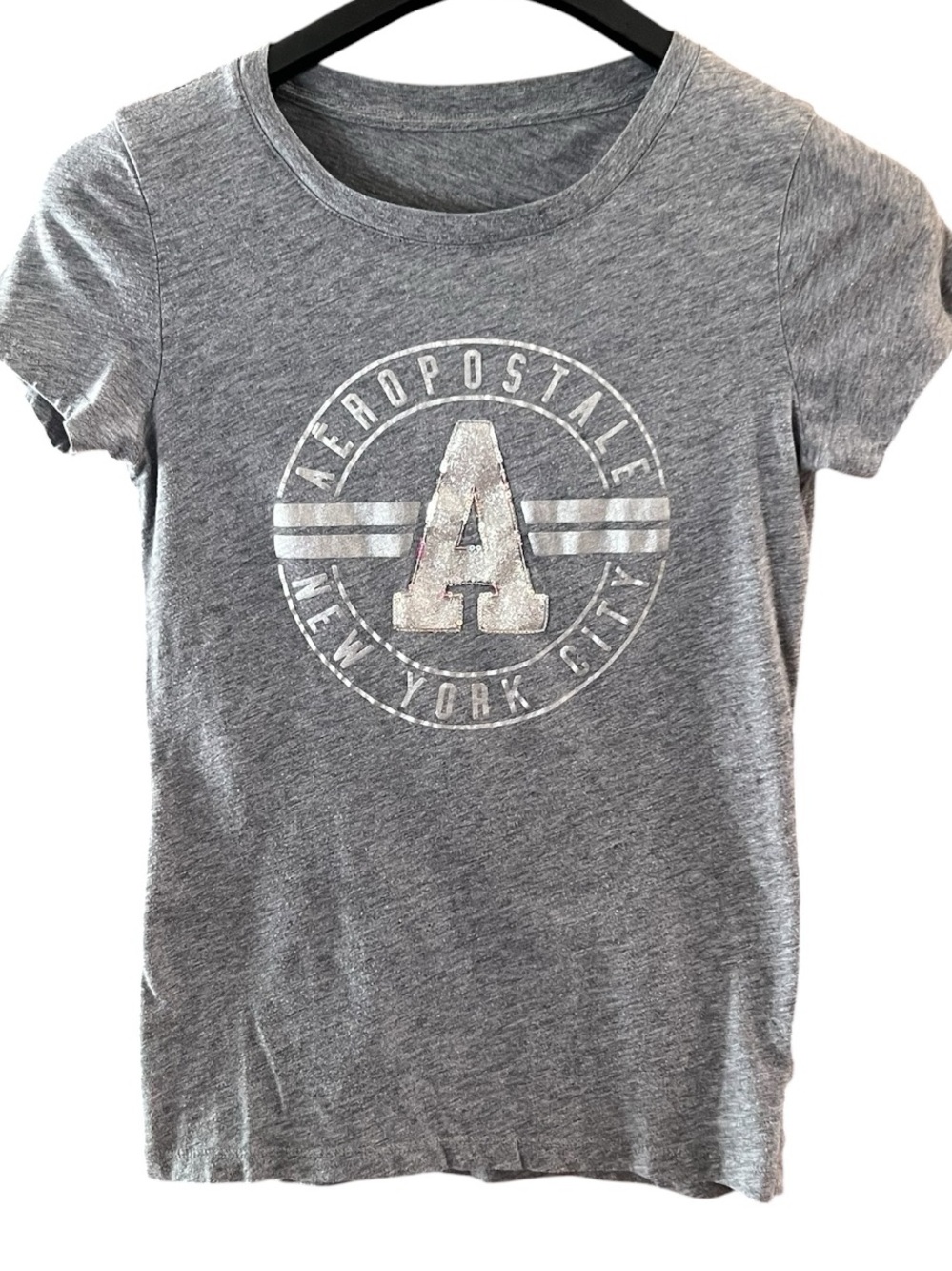 Aeropostale Gray Short Sleeve Logo Tee Sparkle Sequins Fitted